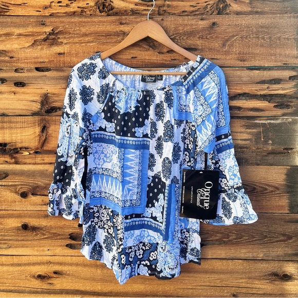 Onque Casuals Tops - ONQUE CASUAL | NWT Blue Paisley Bandana Patchwork Blouse L